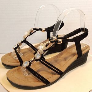 DLISH Rhinestone Black Wedge Women's Open Toe Slingback Sandals Size 7